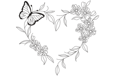 Butterfly inside heart-shaped floral wreath embroidery design, fine line art, black outline, 1 colour, 9 sizes.