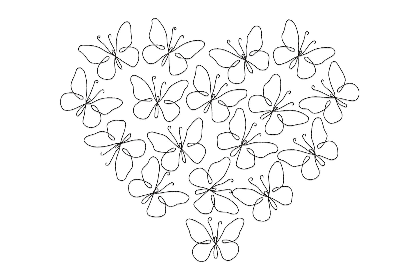 Butterfly heart line art embroidery design with roughly twenty open outline butterflies arranged in a heart cluster, single colour pure line work.