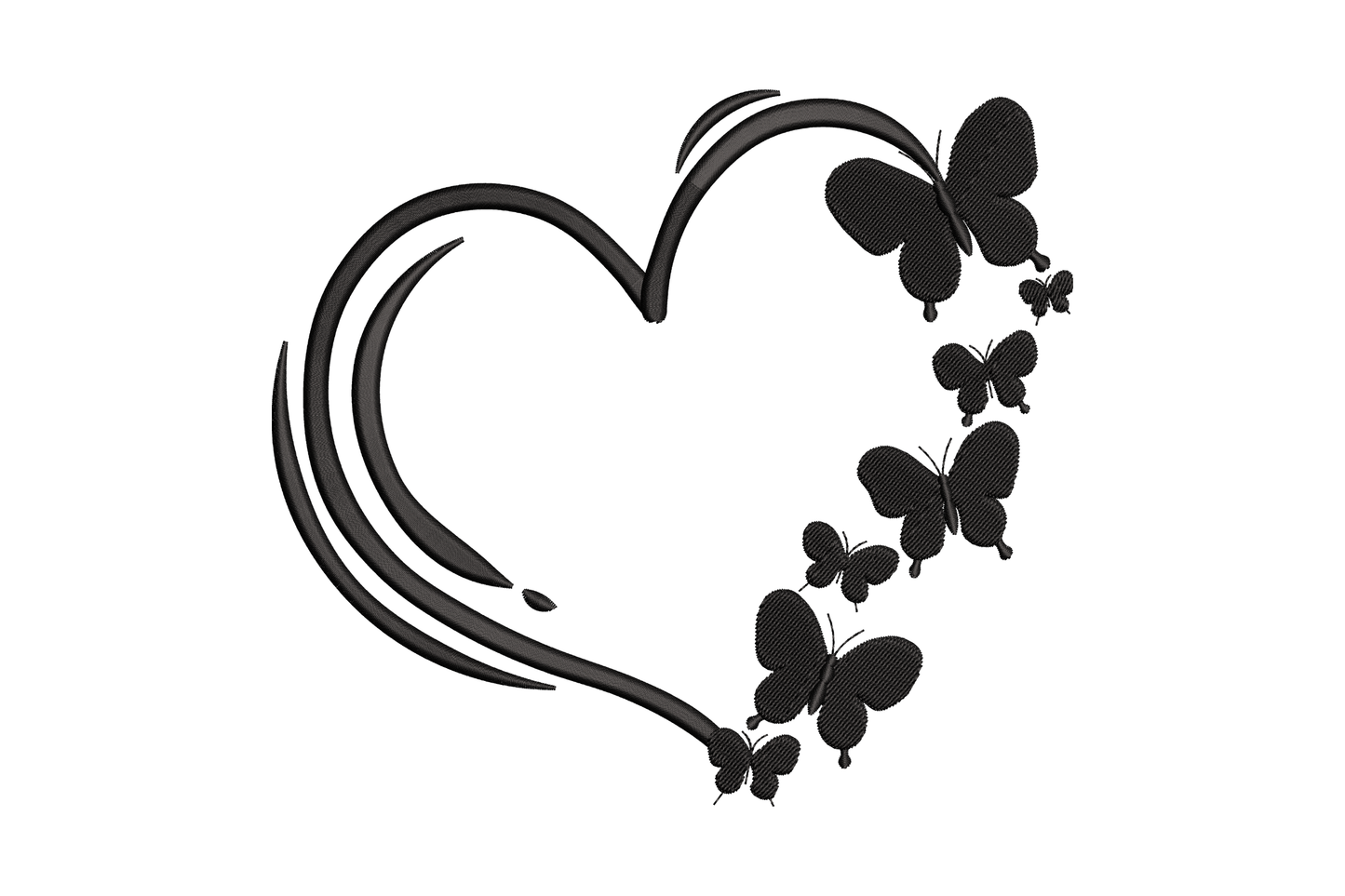 Butterfly heart outline embroidery, six black butterfly silhouettes on the right arc, calligraphy swoops lower left.