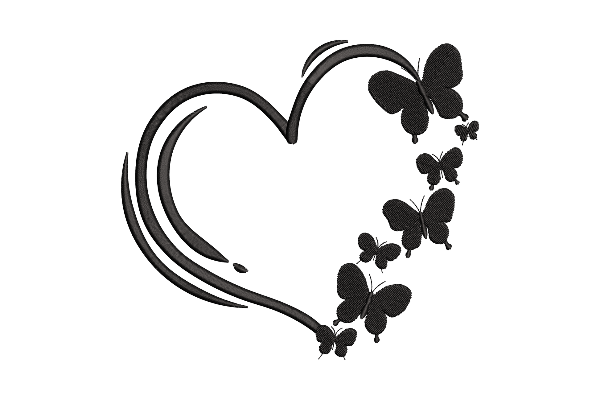 Butterfly heart outline embroidery, six black butterfly silhouettes on the right arc, calligraphy swoops lower left.
