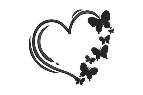 Butterfly heart outline embroidery, six black butterfly silhouettes on the right arc, calligraphy swoops lower left.