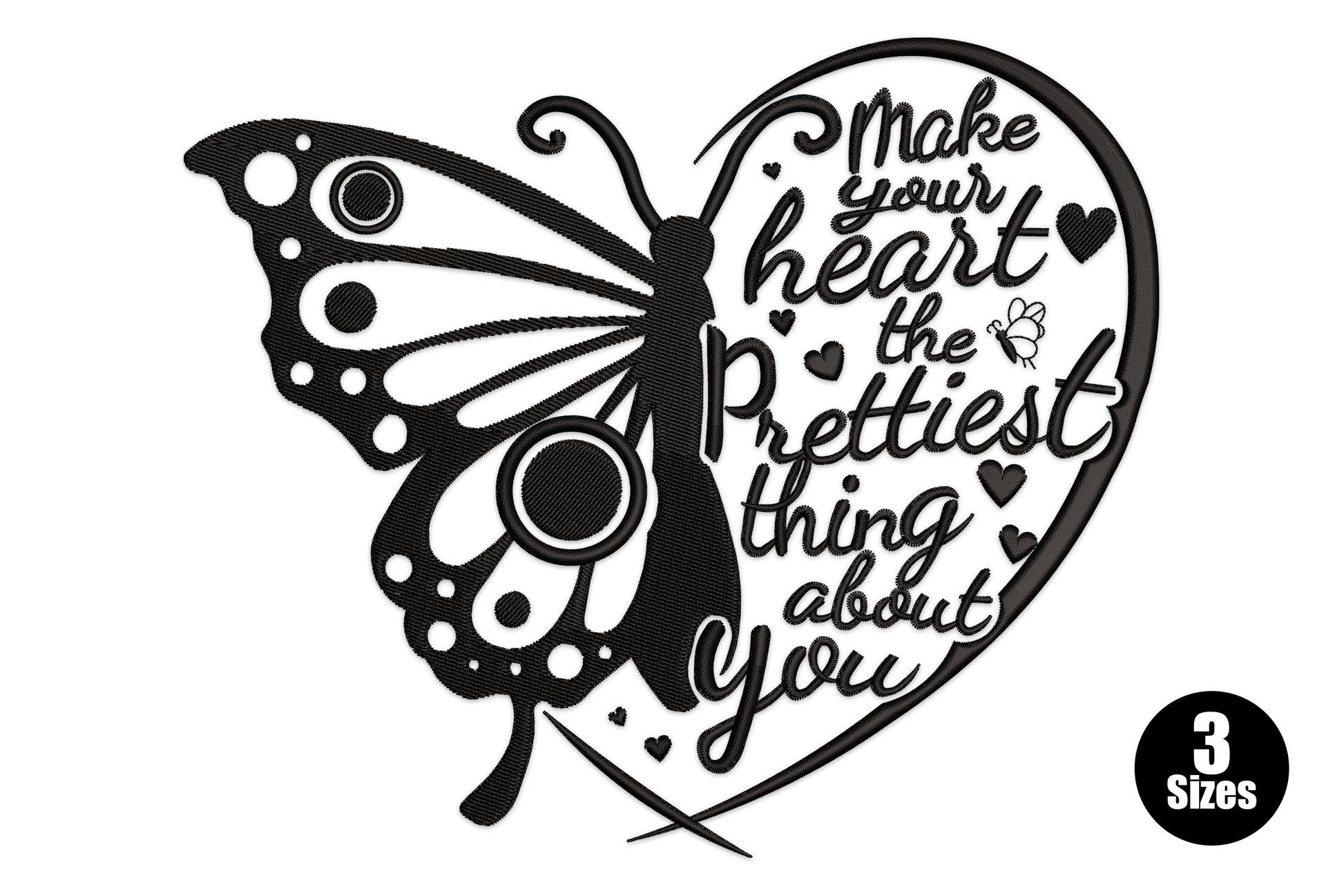 Butterfly heart quote embroidery design black thread cursive make your heart prettiest, split butterfly wing, 3 sizes 6-8 inch