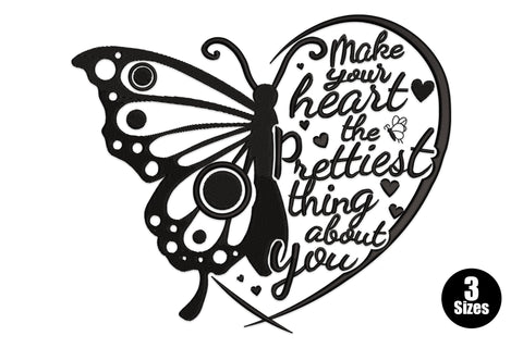 Butterfly heart quote embroidery design black thread cursive make your heart prettiest, split butterfly wing, 3 sizes 6-8 inch