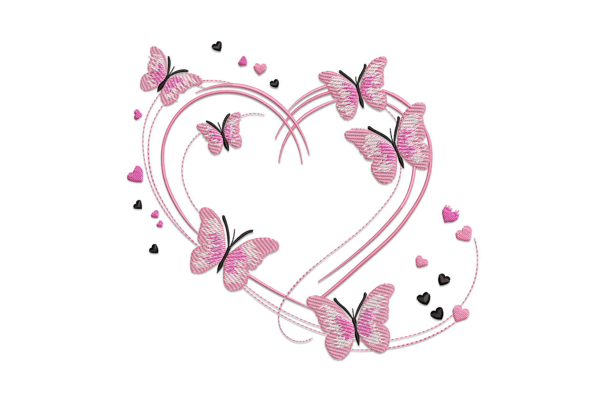 Six pink butterflies arranged in a heart outline embroidery with swirl line connectors, floating hearts and purple and black wing details on pale pink fill