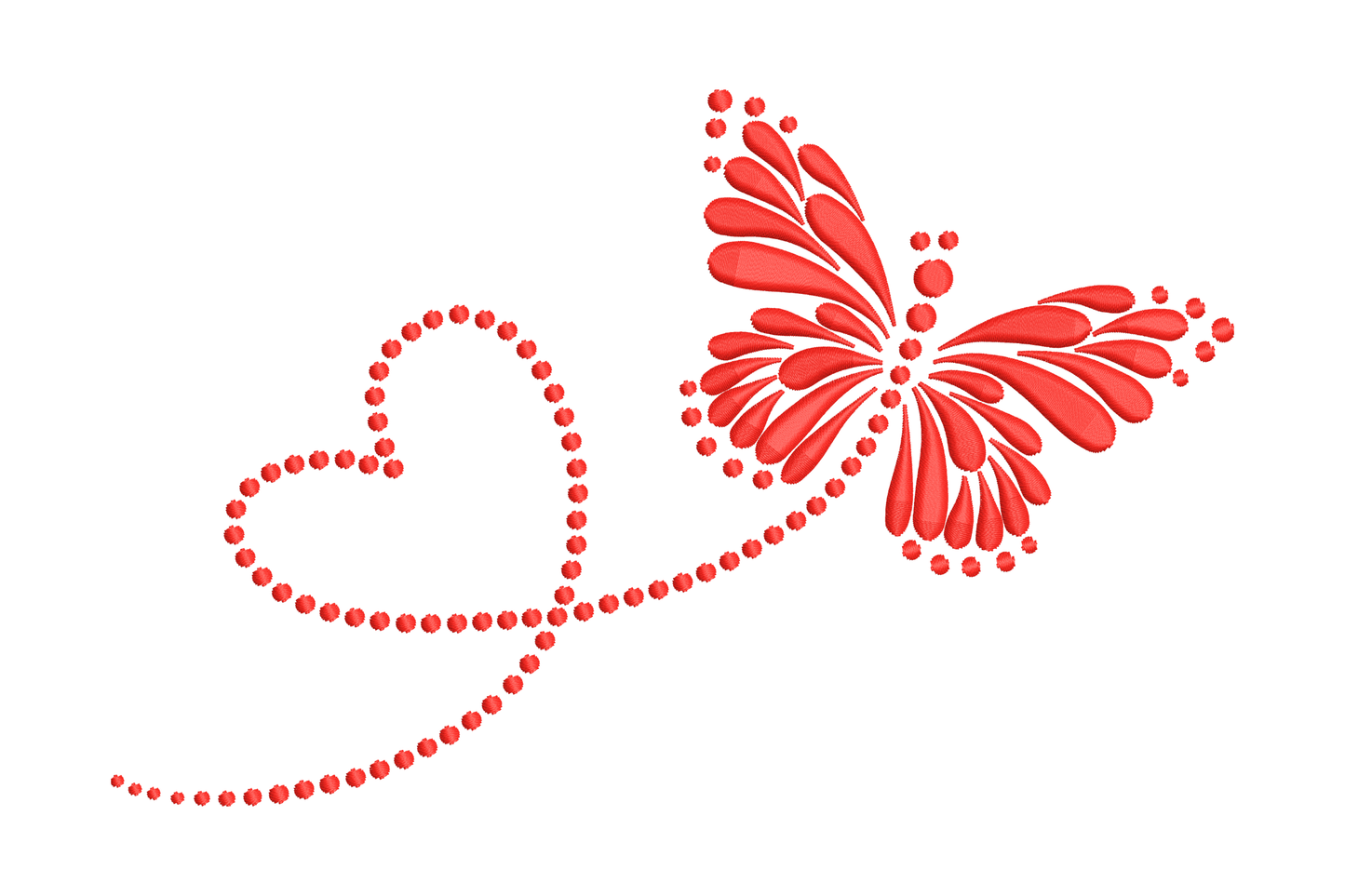 Red butterfly with petal-shaped satin wings trailing a dotted heart arc, single-color machine embroidery design