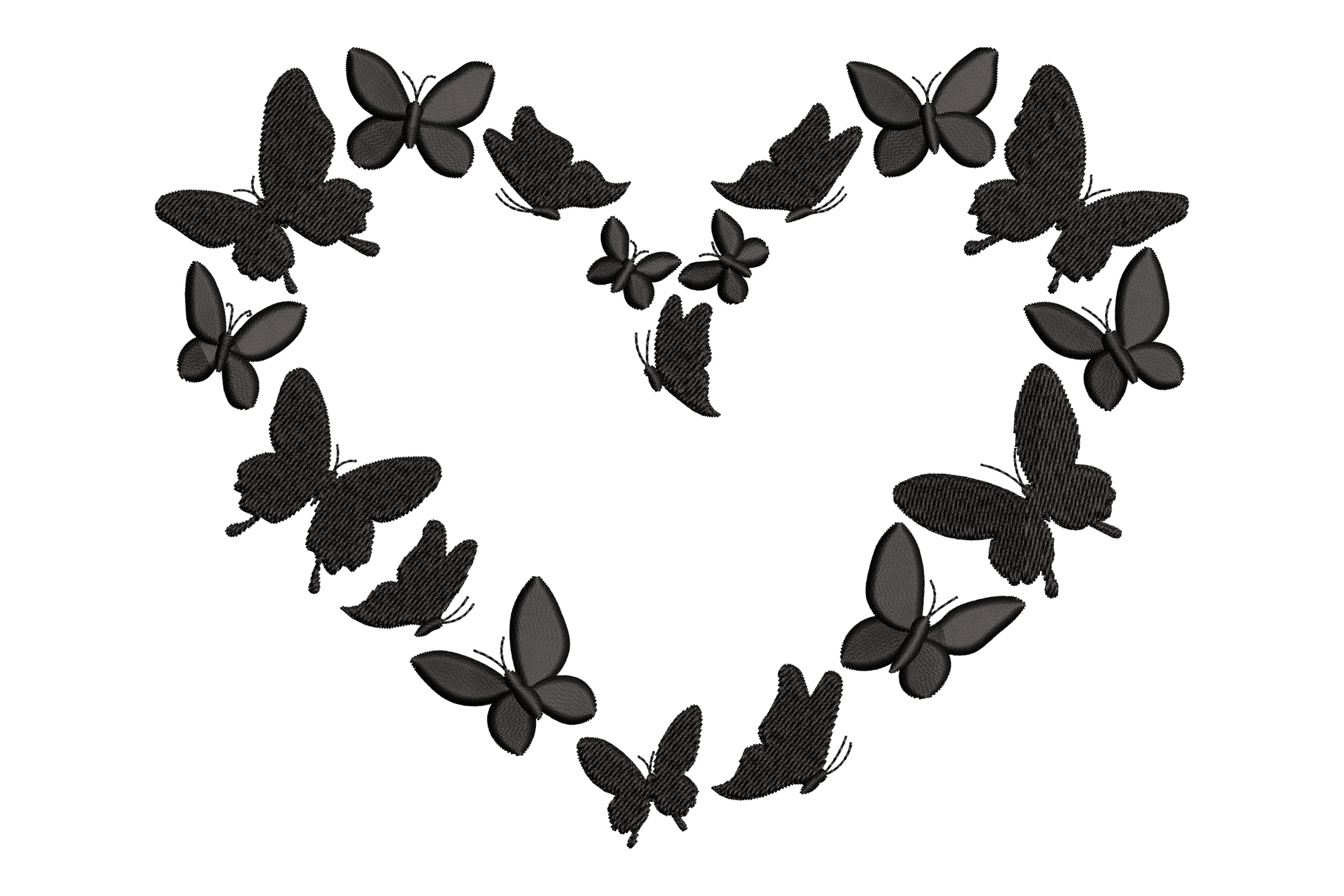 Heart-shaped butterfly wreath embroidery design in black thread, butterflies arranged to form a heart silhouette with detailed wing stitching