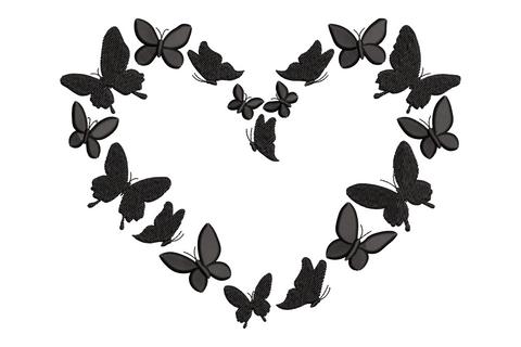 Heart-shaped butterfly wreath embroidery design in black thread, butterflies arranged to form a heart silhouette with detailed wing stitching