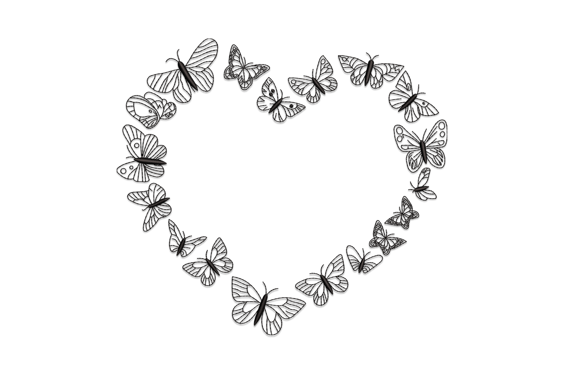 Heart wreath made of detailed butterfly silhouettes in black embroidery thread