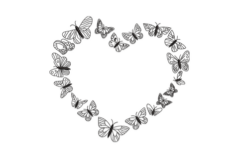 Heart wreath made of detailed butterfly silhouettes in black embroidery thread