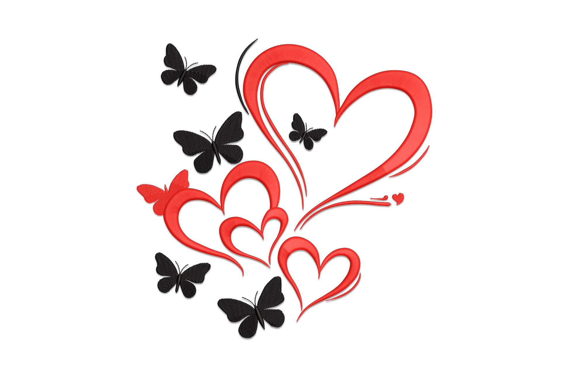 Red calligraphy hearts with flowing tails and black butterfly silhouettes in a romantic cluster, valentines embroidery design