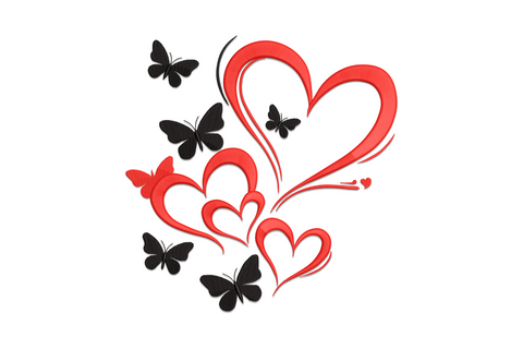 Red calligraphy hearts with flowing tails and black butterfly silhouettes in a romantic cluster, valentines embroidery design