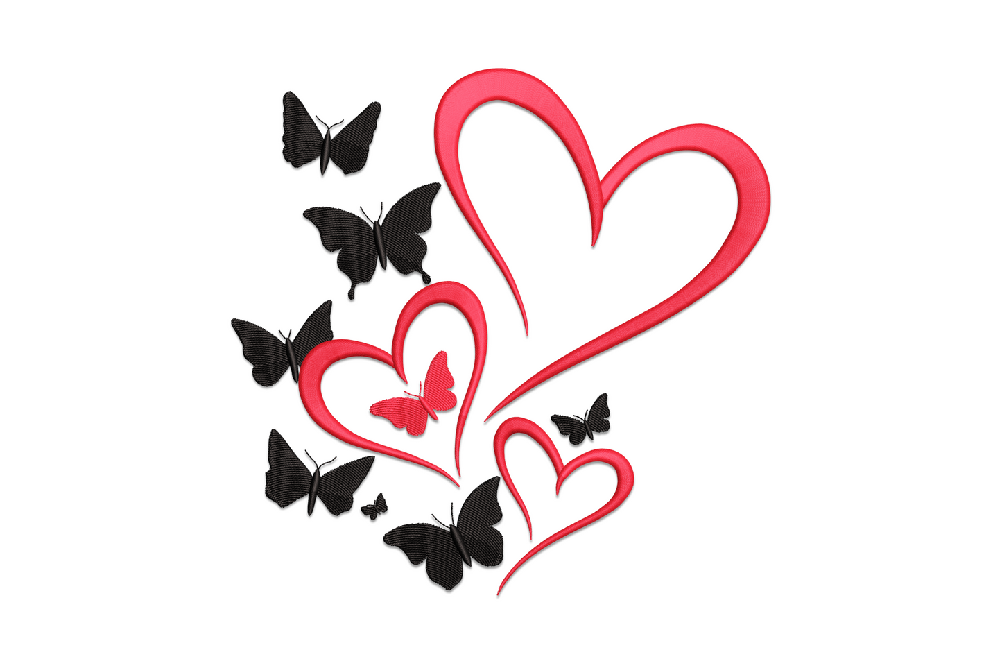 Embroidery design with three open red heart outlines and eight black butterfly silhouettes on white background
