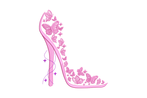 Pink stiletto high heel embroidery formed by pink and purple butterflies trailing along the shoe shape.