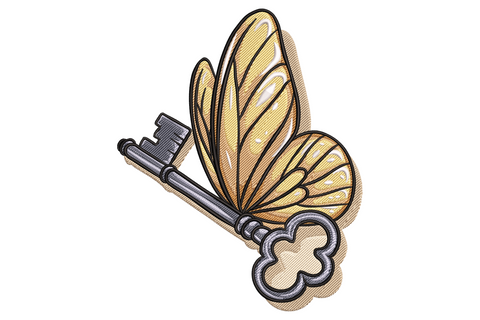 Machine embroidery design of an antique skeleton key with golden butterfly wings, nine thread colors, fantasy whimsical art