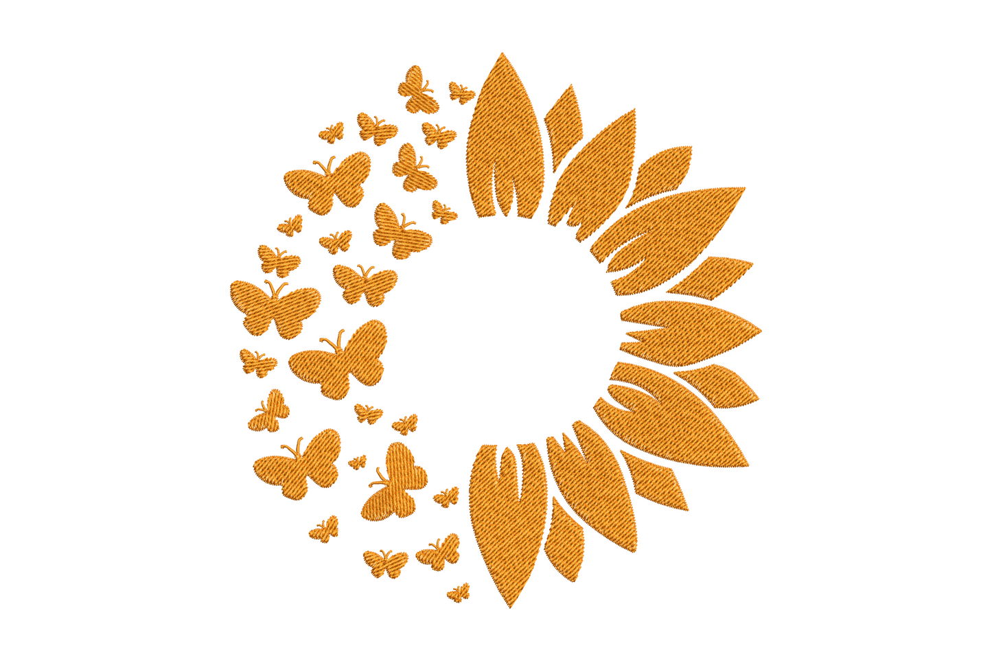 Butterfly leaf wreath embroidery in solid black, circular botanical ring with resting butterflies, 5 sizes up to 7.18 inches.