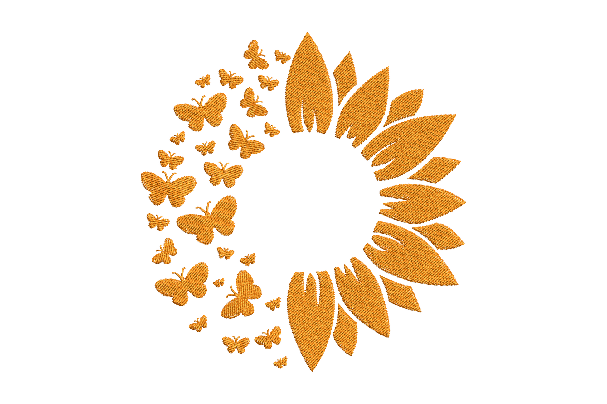 Butterfly leaf wreath embroidery in solid black, circular botanical ring with resting butterflies, 5 sizes up to 7.18 inches.