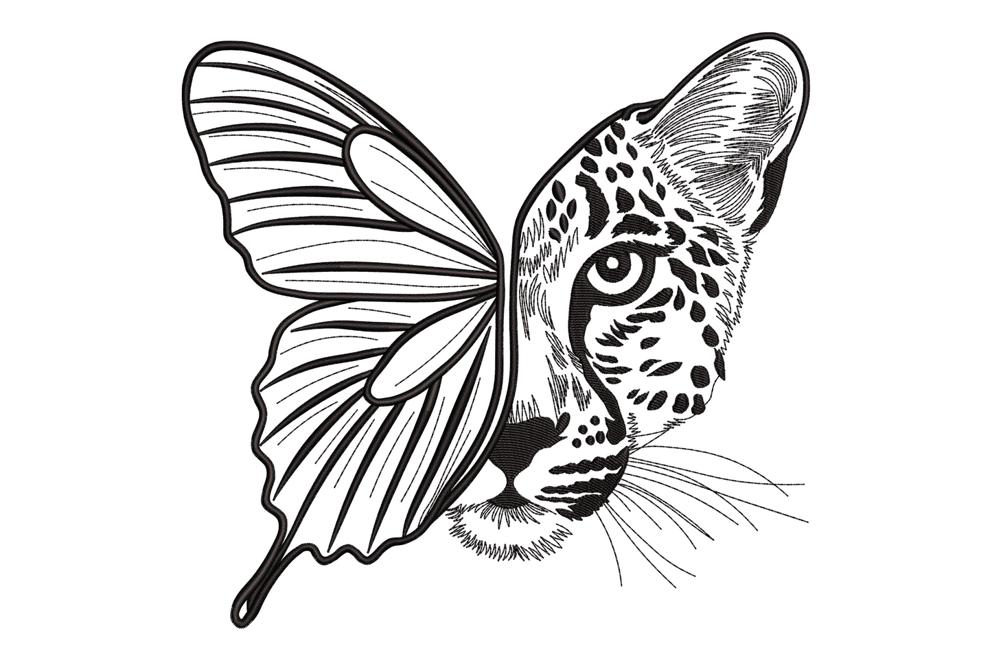 Half butterfly half leopard face embroidery design, bold black line art with hatched fur texture on leopard side and vein lines on butterfly wing.