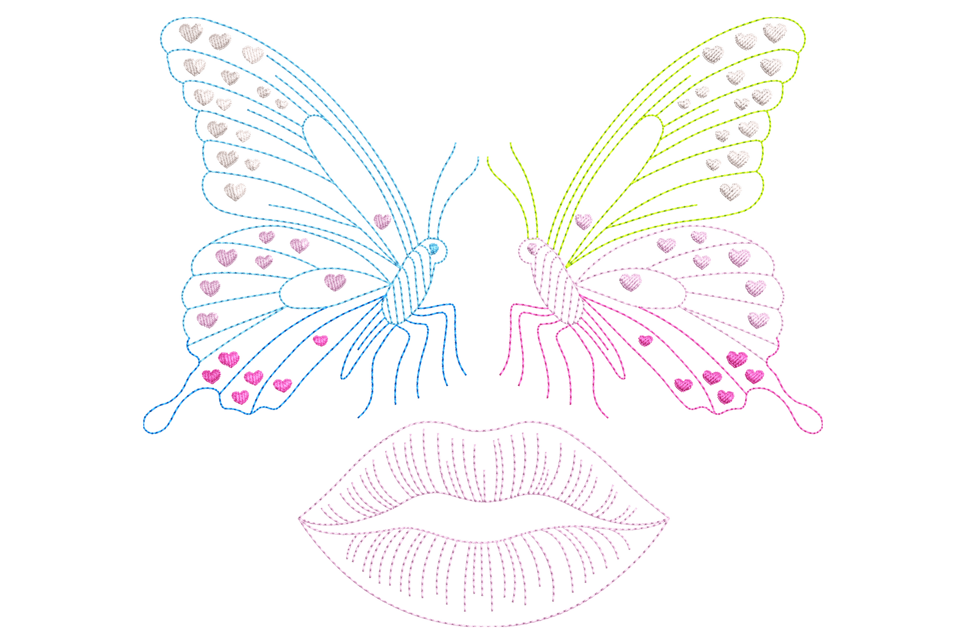Butterfly love lips embroidery design, two outline butterflies with pink hearts on the wings above a lip silhouette