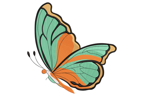 Butterfly embroidery design in side profile with teal-green wings, burnt orange accents and black outline vein detail