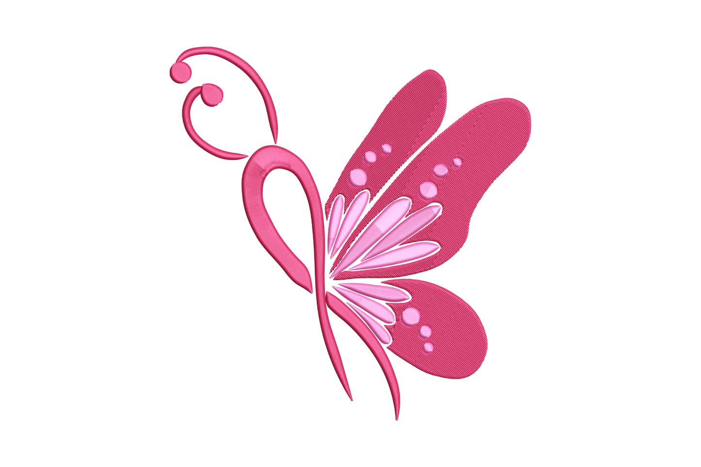 Side view butterfly embroidery in pink with body and antennae drawn as a curving ribbon and solid petal wings.