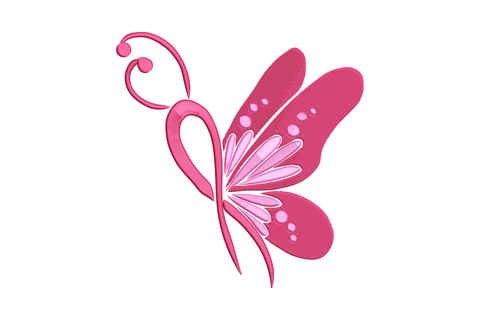 Side view butterfly embroidery in pink with body and antennae drawn as a curving ribbon and solid petal wings.
