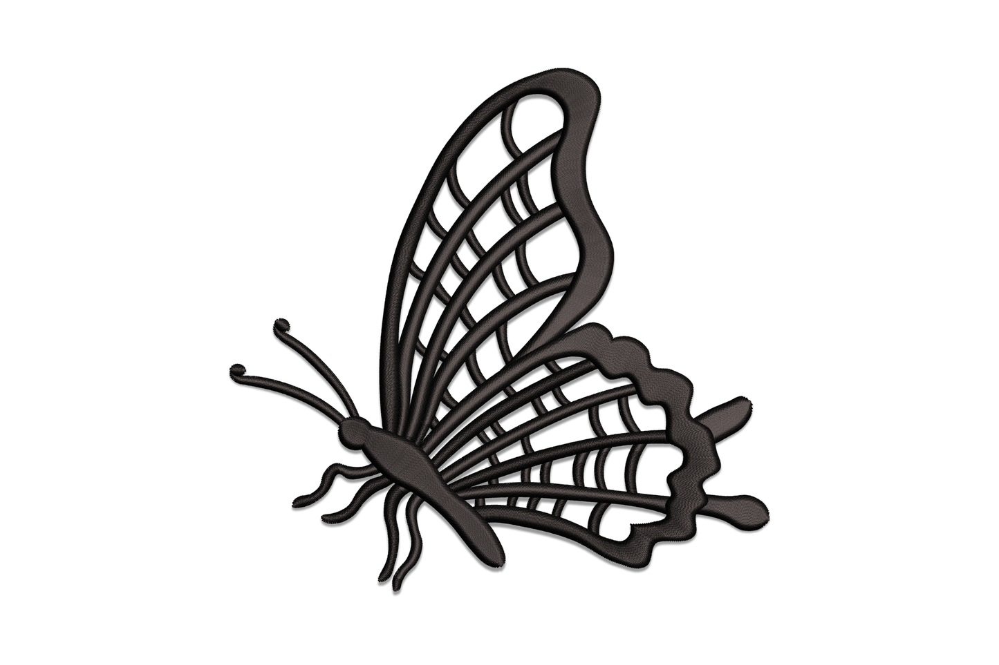 Swallowtail butterfly silhouette in dark thread, angled three-quarter profile with open lattice wing vein grid across both wings.