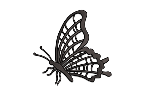Swallowtail butterfly silhouette in dark thread, angled three-quarter profile with open lattice wing vein grid across both wings.