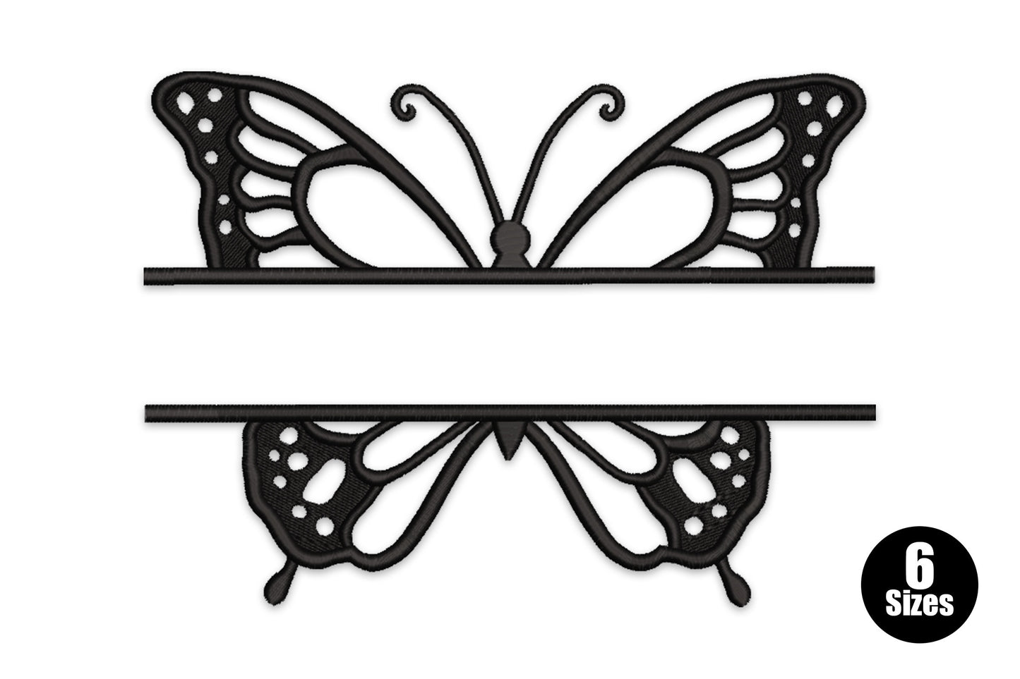 Butterfly split monogram embroidery, butterfly split in half with a name gap, detailed black wings, 6 sizes 2 to 6 inches wide