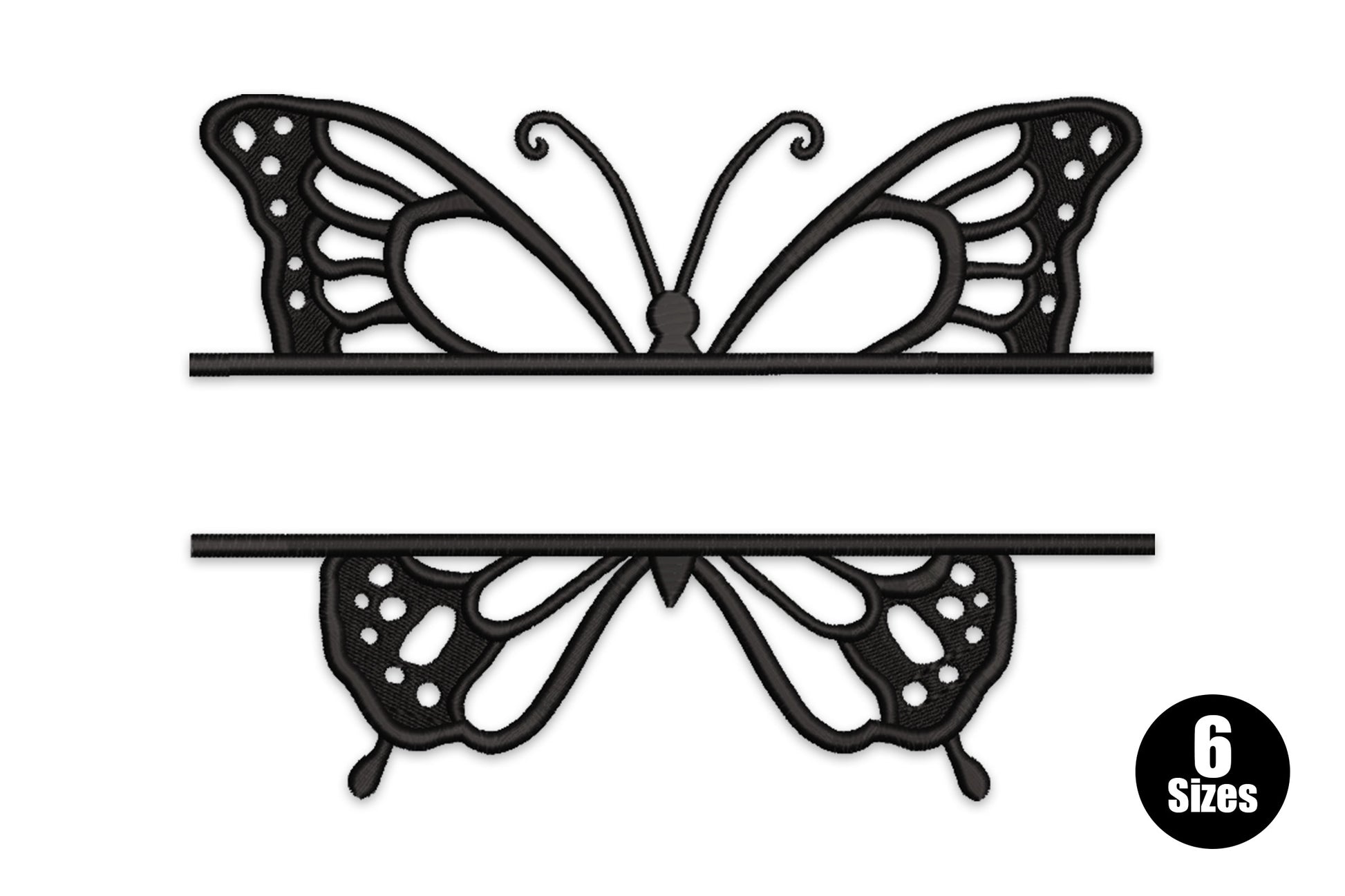 Butterfly split monogram embroidery, butterfly split in half with a name gap, detailed black wings, 6 sizes 2 to 6 inches wide