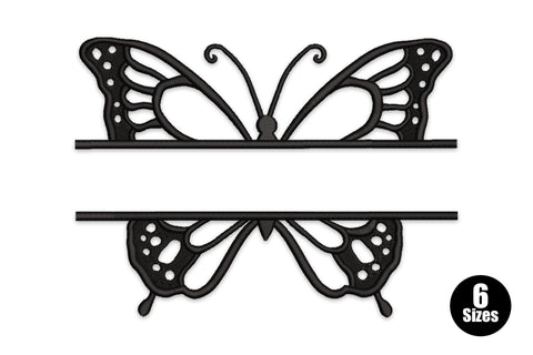 Butterfly split monogram embroidery, butterfly split in half with a name gap, detailed black wings, 6 sizes 2 to 6 inches wide