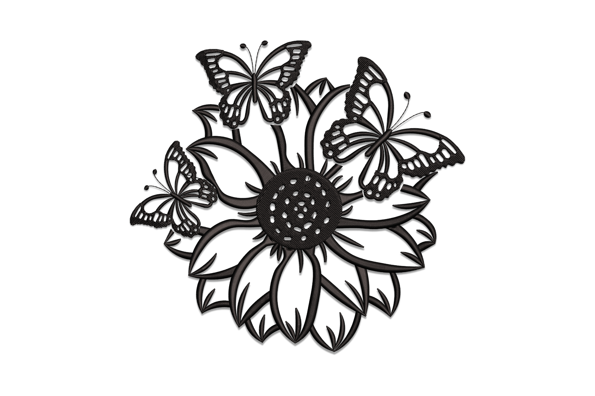 Butterfly sunflower embroidery design, three monarch butterflies perched on a large sunflower in solid black silhouette with fine wing vein detail.