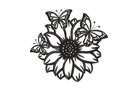 Butterfly sunflower embroidery design, three monarch butterflies perched on a large sunflower in solid black silhouette with fine wing vein detail.
