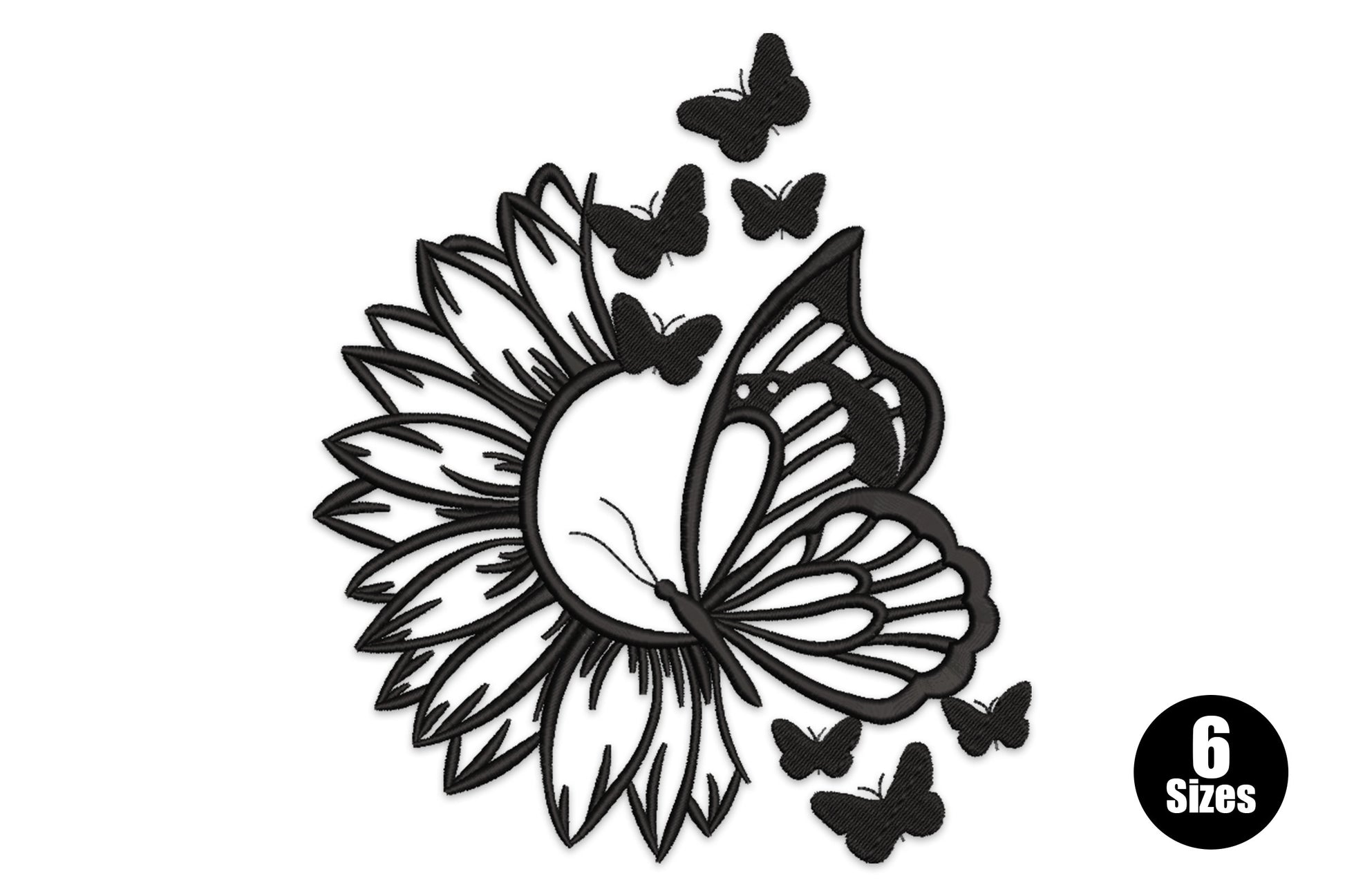 Butterfly sunflower mandala embroidery design with a monarch butterfly merged into a sunflower and scattered miniature butterflies, single black outline thread.