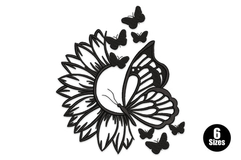 Butterfly sunflower mandala embroidery design with a monarch butterfly merged into a sunflower and scattered miniature butterflies, single black outline thread.