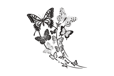 Butterfly swirl embroidery design featuring a cascading column of 18 butterfly species on a curved vine, single-colour black thread, sizes 8 to 12 inch.