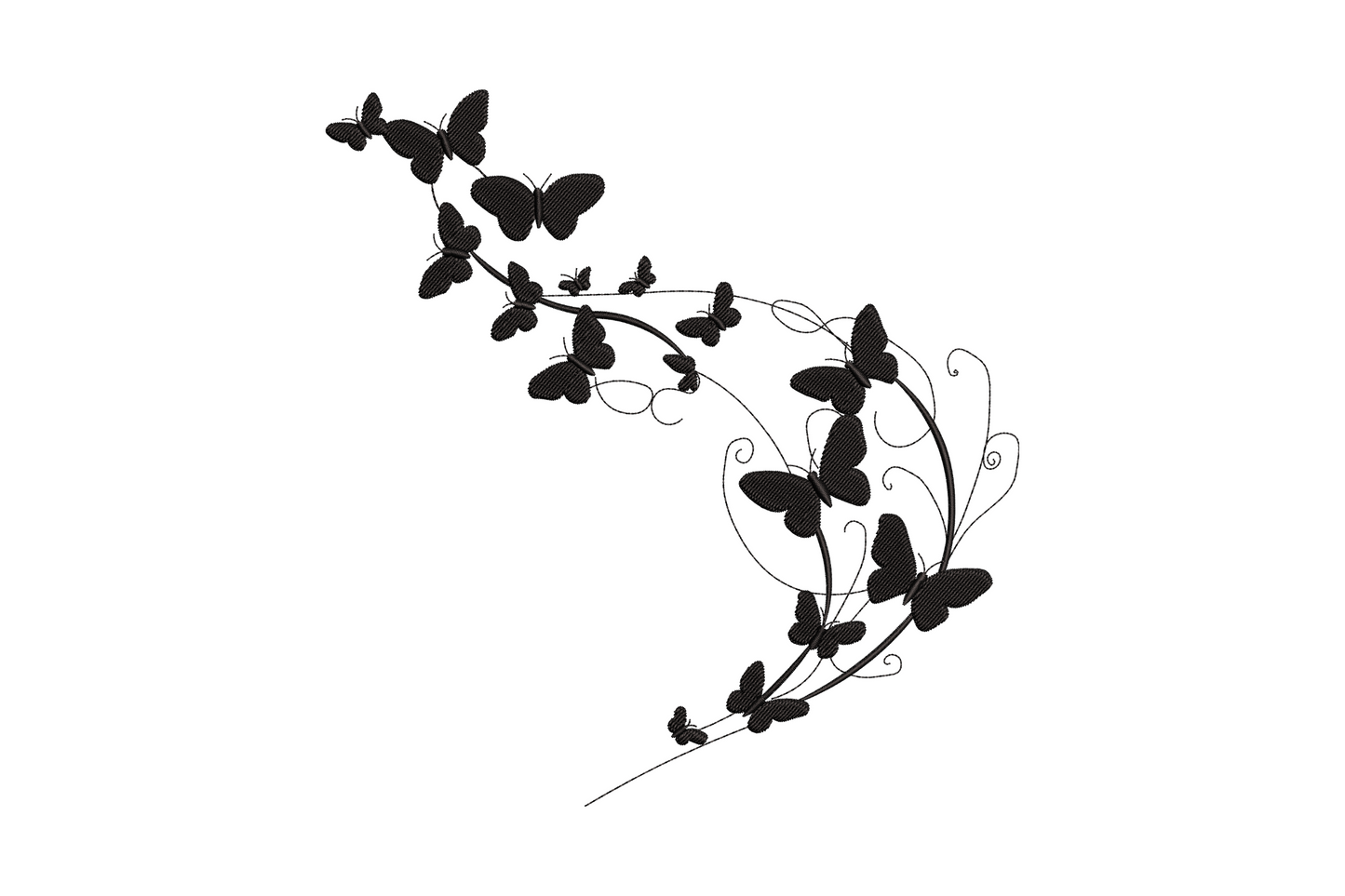 Butterfly swirl embroidery in single black thread, twelve butterflies on a curving vine trail with leaves and tendrils