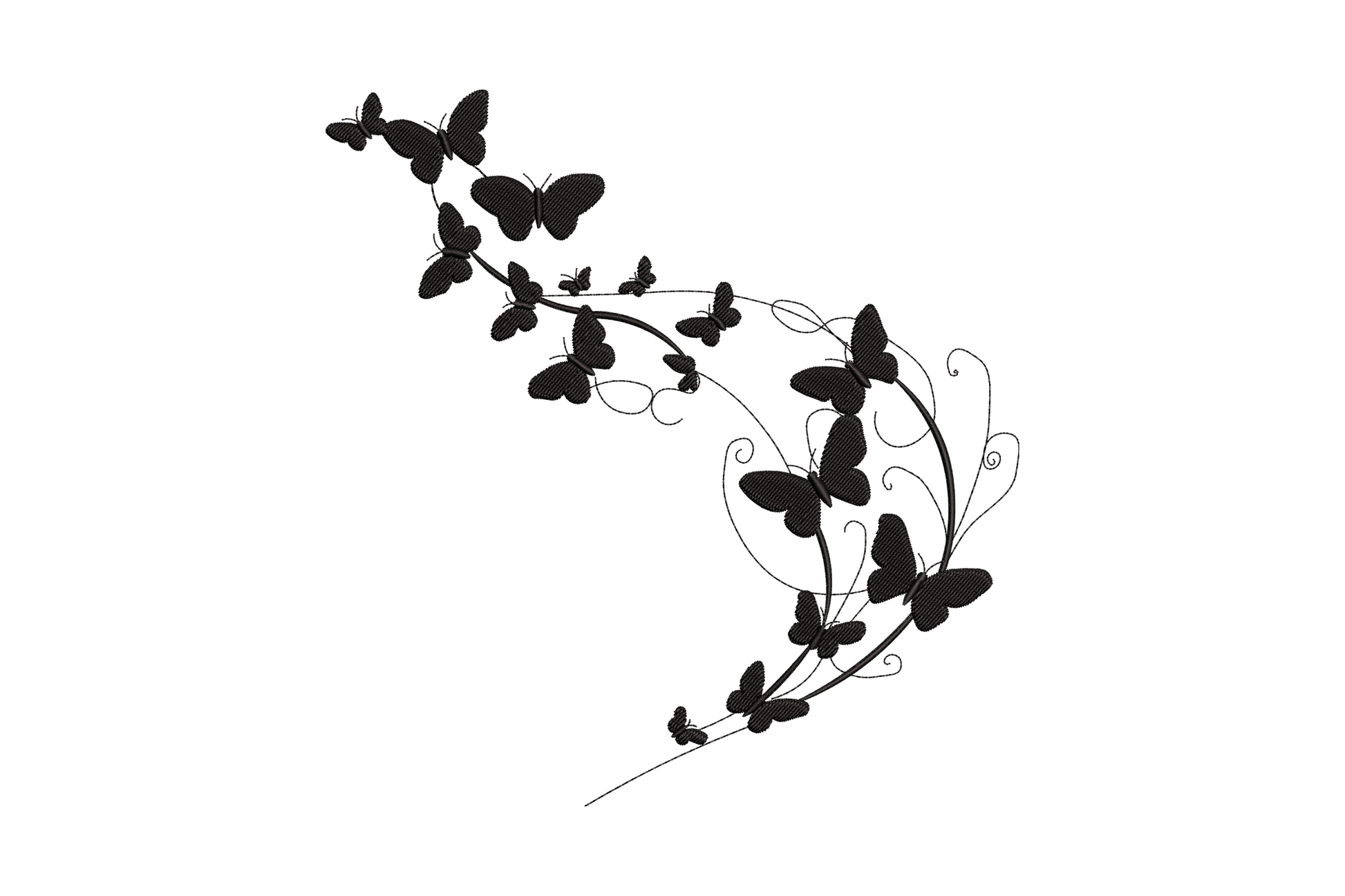 Butterfly swirl embroidery in single black thread, twelve butterflies on a curving vine trail with leaves and tendrils