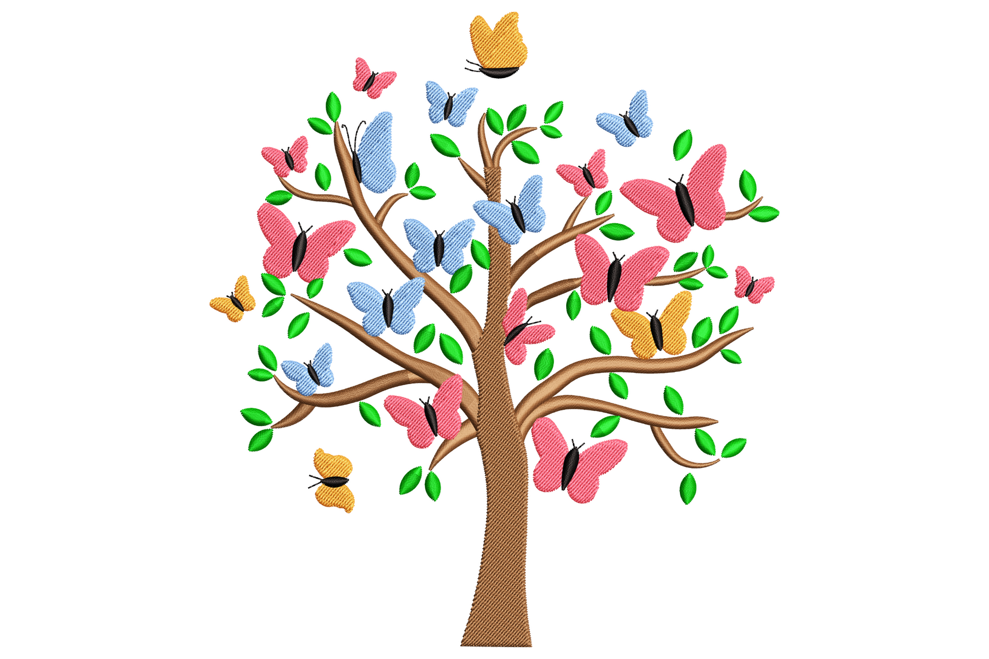 Embroidered whimsical tree with pink, blue, yellow butterflies on green leaves, soft brown trunk, spring nursery look.