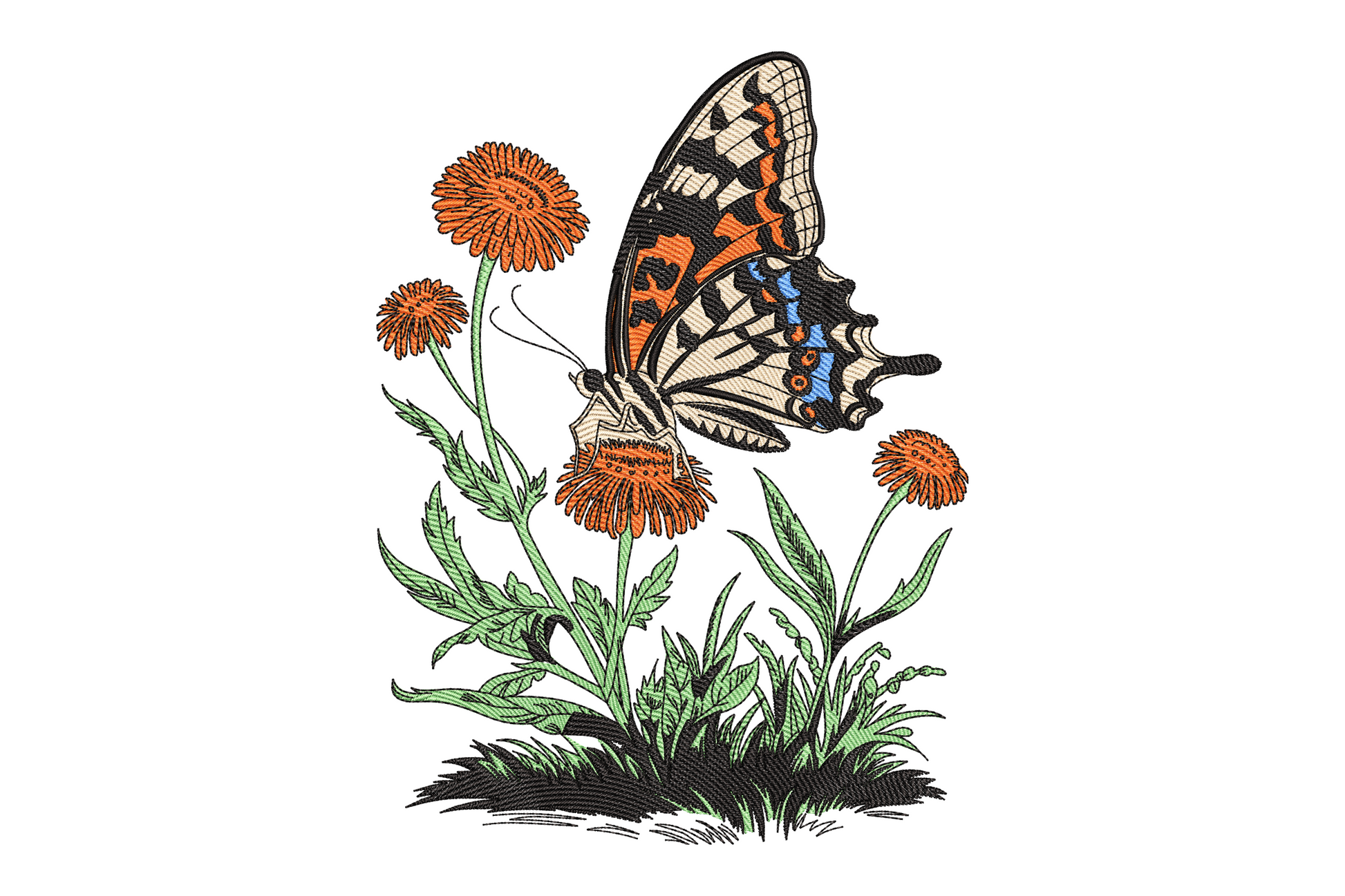 Butterfly wildflower embroidery, lavender butterfly resting among scattered meadow wildflowers with sage stems, soft 5-colour botanical composition