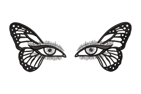 Butterfly wing eyes embroidery design, monarch wings with human eyes in lower panels, surreal black line art machine embroidery