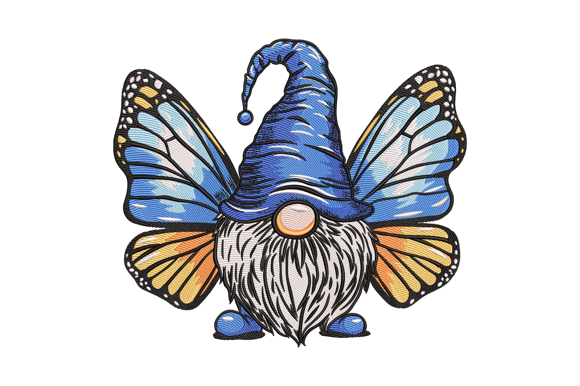 Butterfly wing gnome embroidery, fantasy gnome with large patterned wings, 10 colours, 4 sizes 4.82-7.44 inches wide