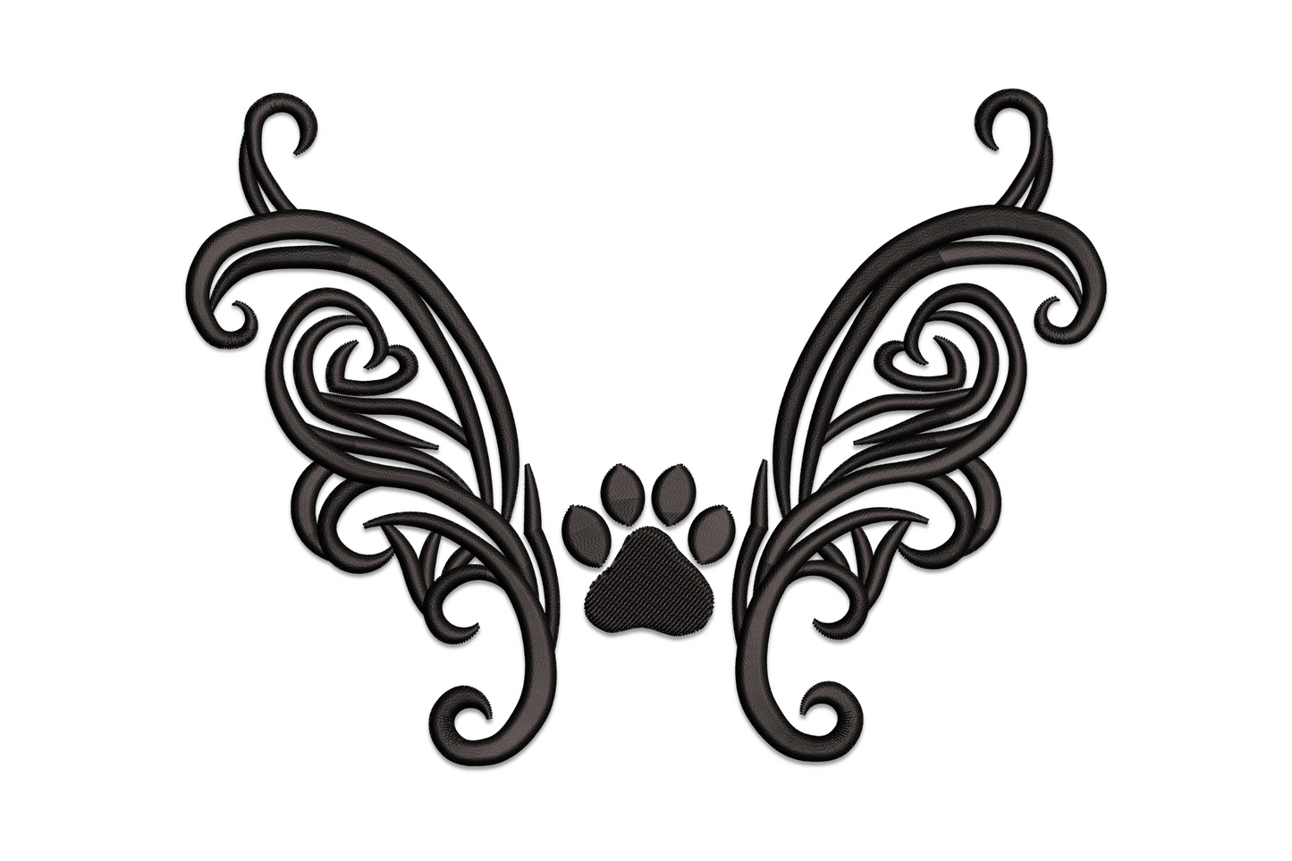 Butterfly wings paw print embroidery design, ornate filigree wings with centred paw print in solid black, pet memorial.