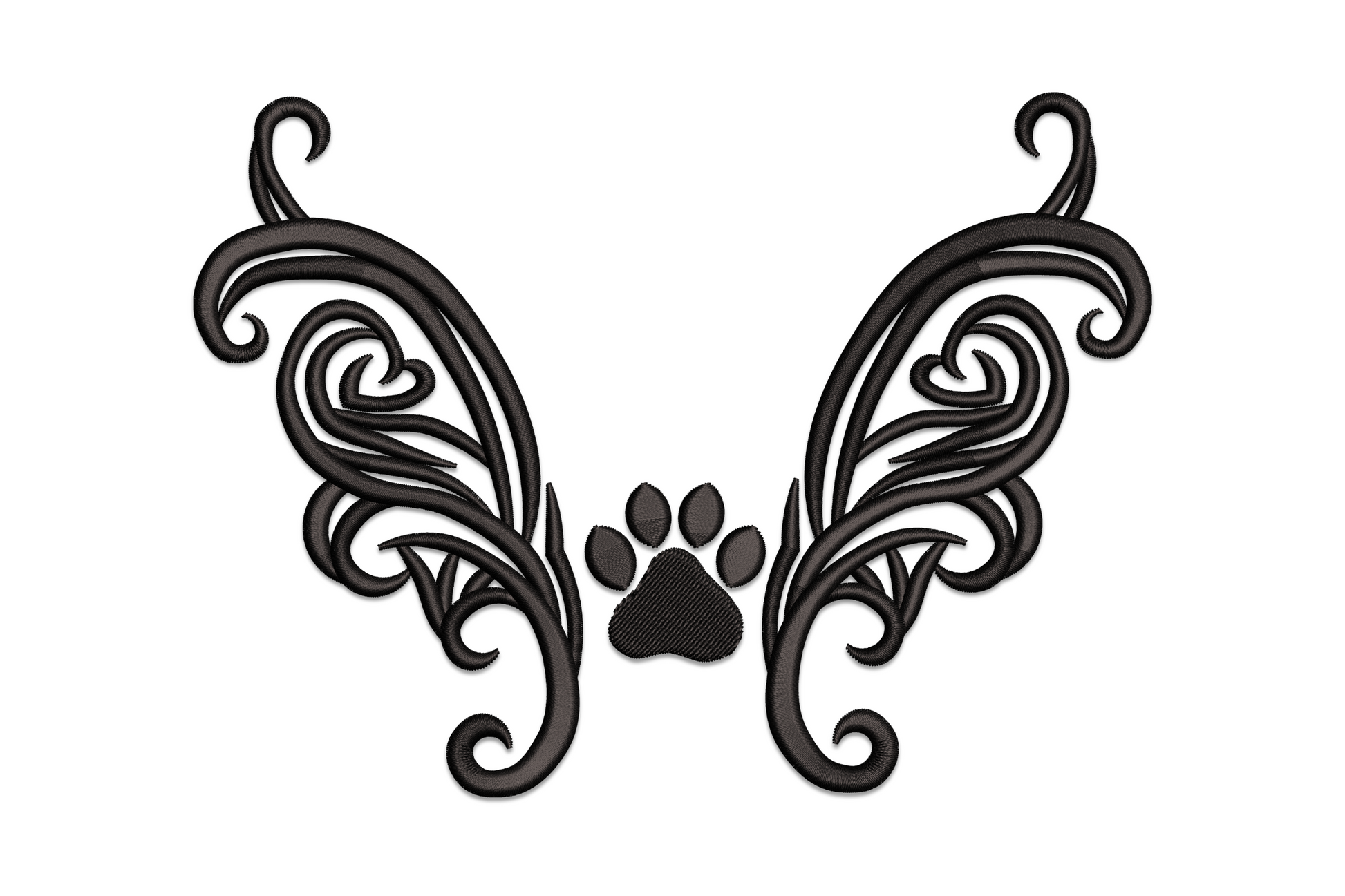 Butterfly wings paw print embroidery design, ornate filigree wings with centred paw print in solid black, pet memorial.