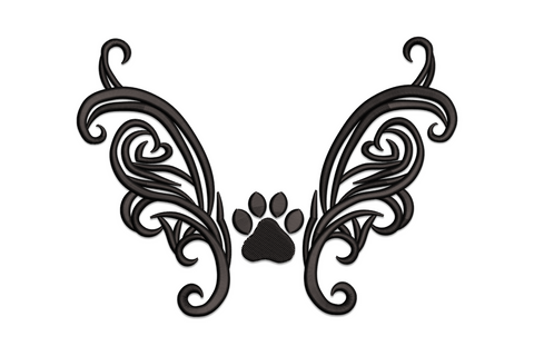 Butterfly wings paw print embroidery design, ornate filigree wings with centred paw print in solid black, pet memorial.