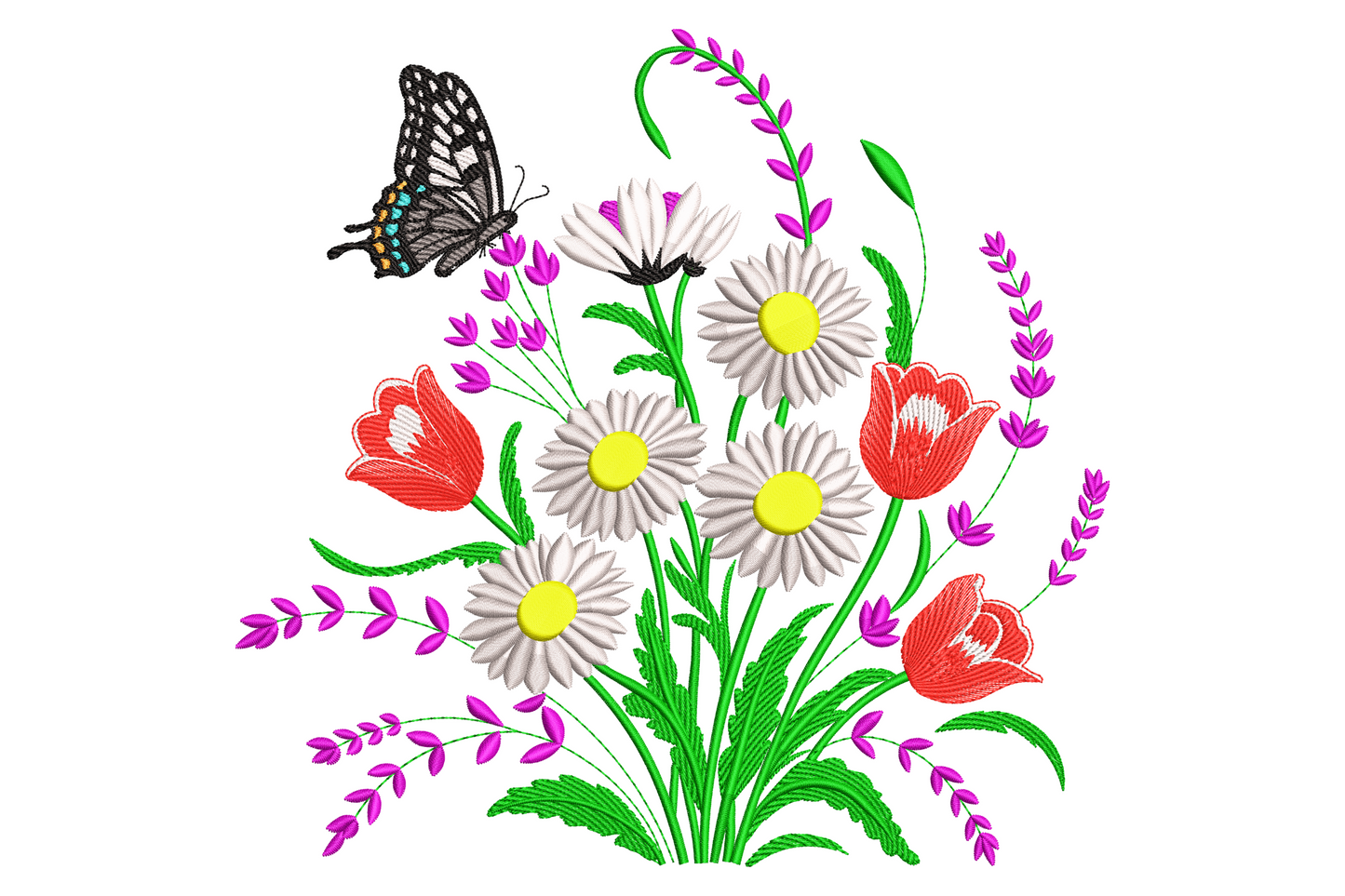 Butterfly perched on a wildflower bouquet embroidery design with blush pink daisies, lavender, butter yellow blooms and sage green leaves.