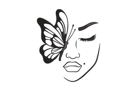 Butterfly woman face line art embroidery design with monarch butterfly wings spread beside a minimal female profile, single black thread.