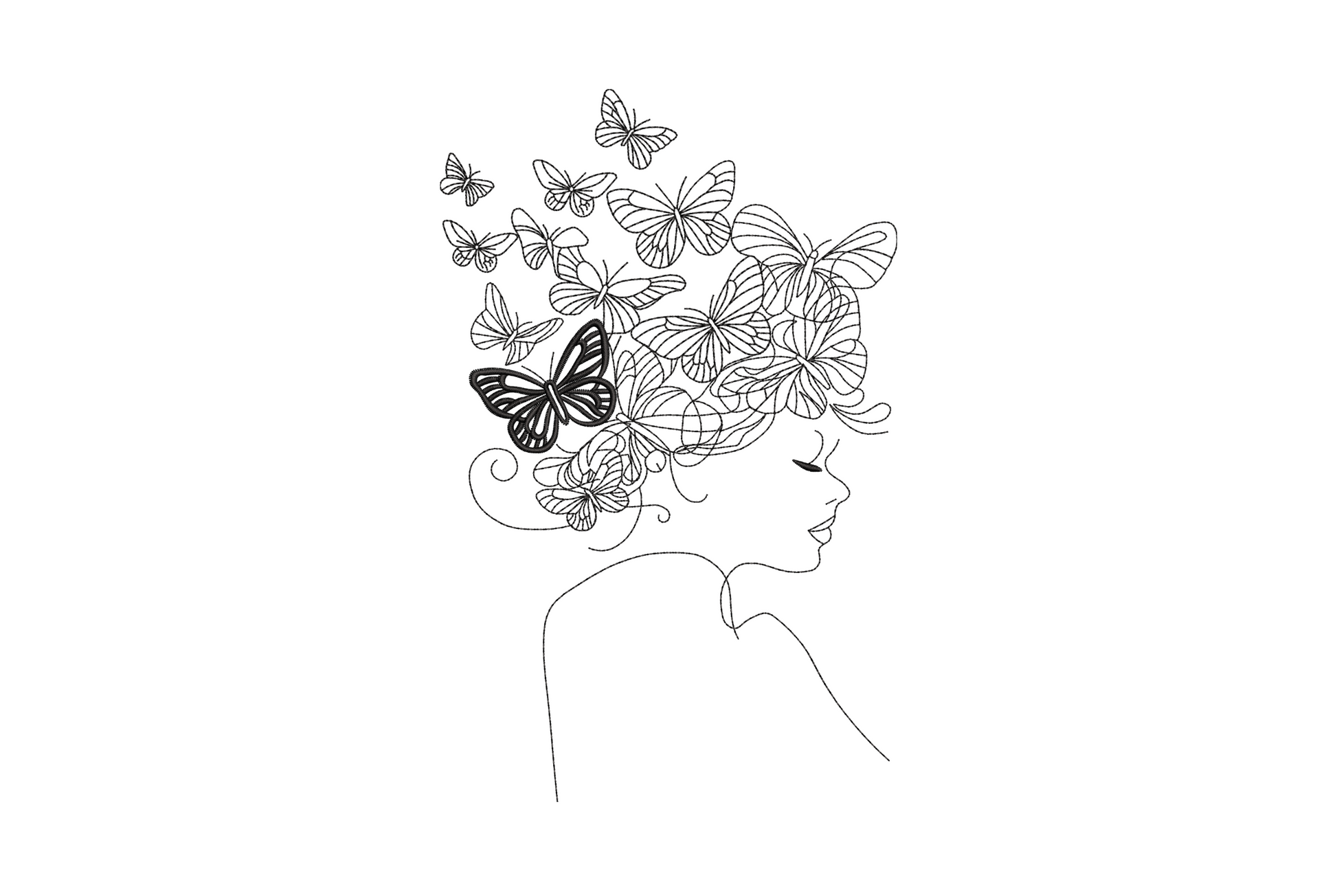 Butterfly woman silhouette embroidery design showing a flowing feminine silhouette with butterfly wings as one connected single-colour filled shape in a minimal style.