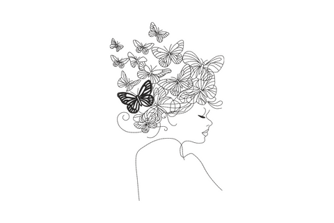 Butterfly woman silhouette embroidery design showing a flowing feminine silhouette with butterfly wings as one connected single-colour filled shape in a minimal style.