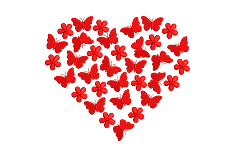 Red heart embroidery design made from densely packed butterflies and 5-petal flowers, all solid red, no outline.