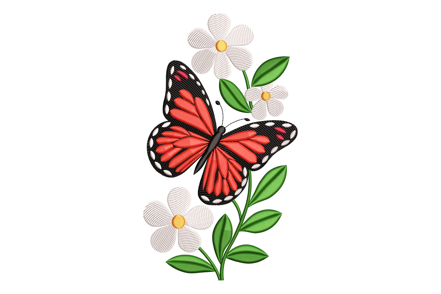Red butterfly on a white background with flowers and leaves
